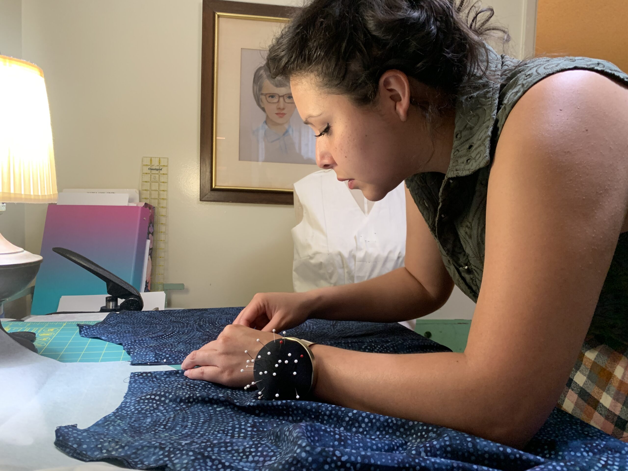 Diana works on her first circle skirt during a beginner sewing class.