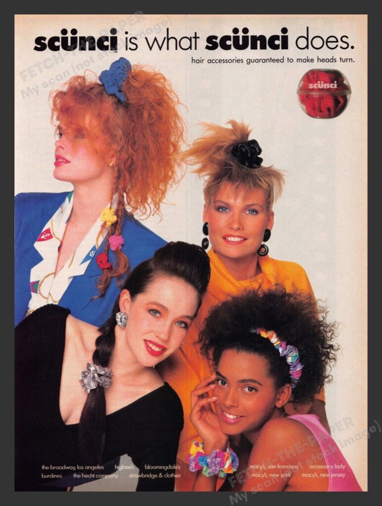 An ad for Scünci brand scrunchies from the 1980s.